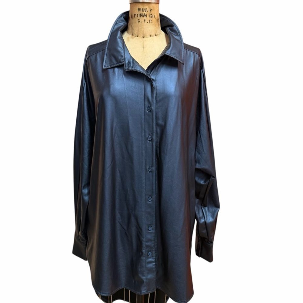 Curvy Girl Black Faux Leather Shirt Dress Size 3X